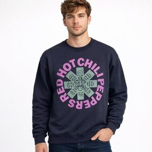 Gildan Red Hot Chili Peppers Navy Blue Graphic Crewneck Fleece Sweatshirt